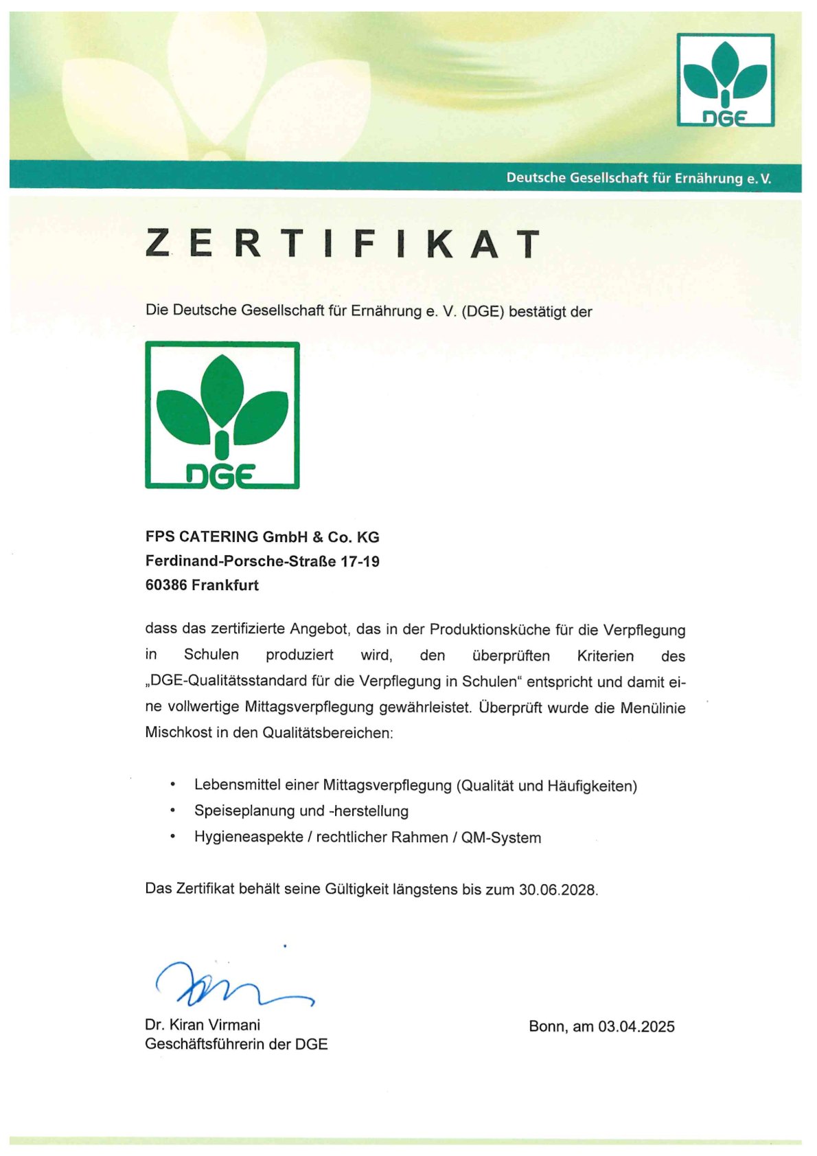 DGE Zertifikat 2025 DGE Zertifikat 2025 | Catering Schule & Kitas